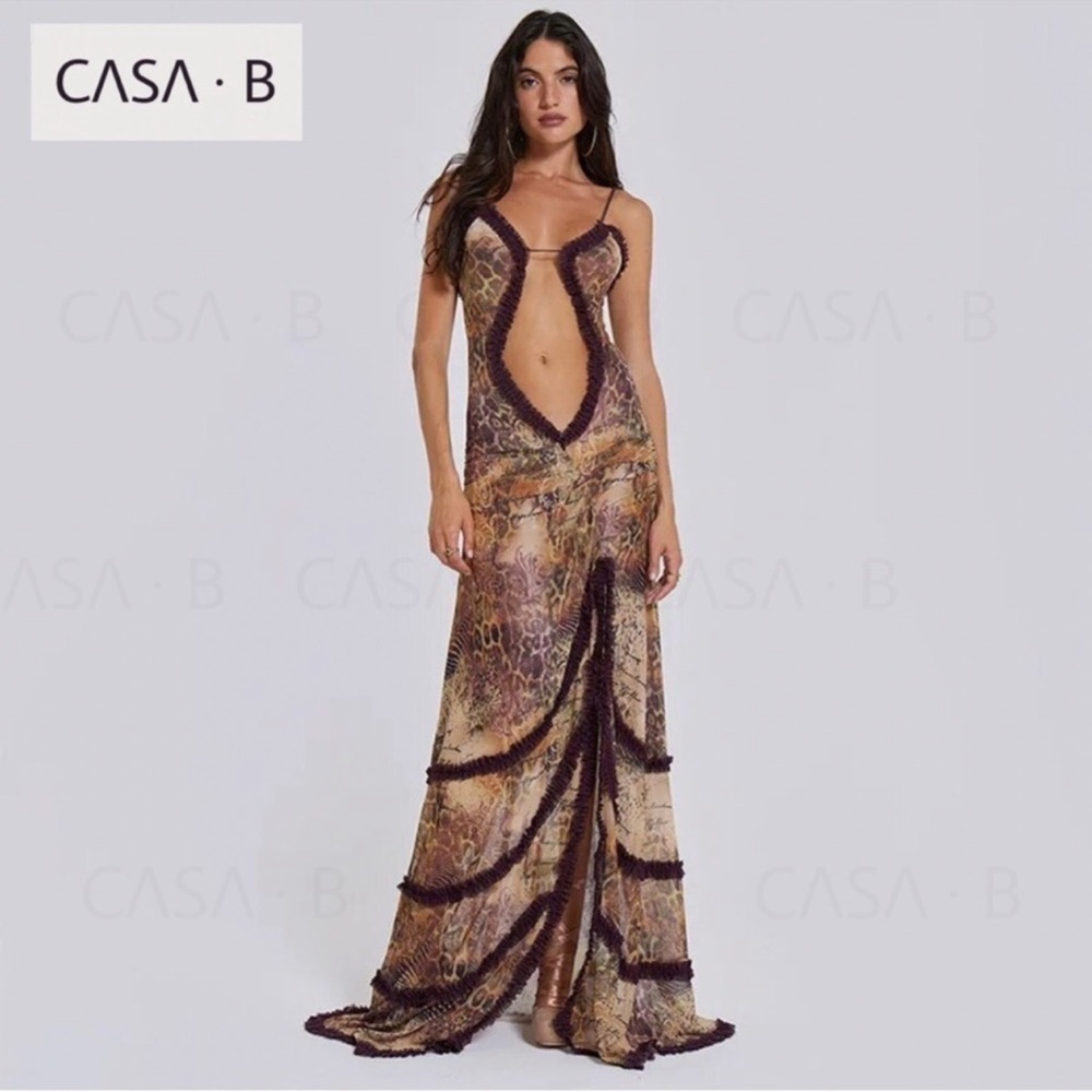 NEW to CASA B💫Seraphina Sheer Cut-Out Frill Leopard Script Print Maxi dress - Picture 10 of 16